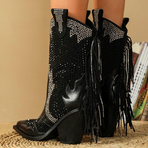 Feinlina Black Western Cowboy Boots Women Pointed Toe Chunky Heel Tassel Style - Picture 5 of 6